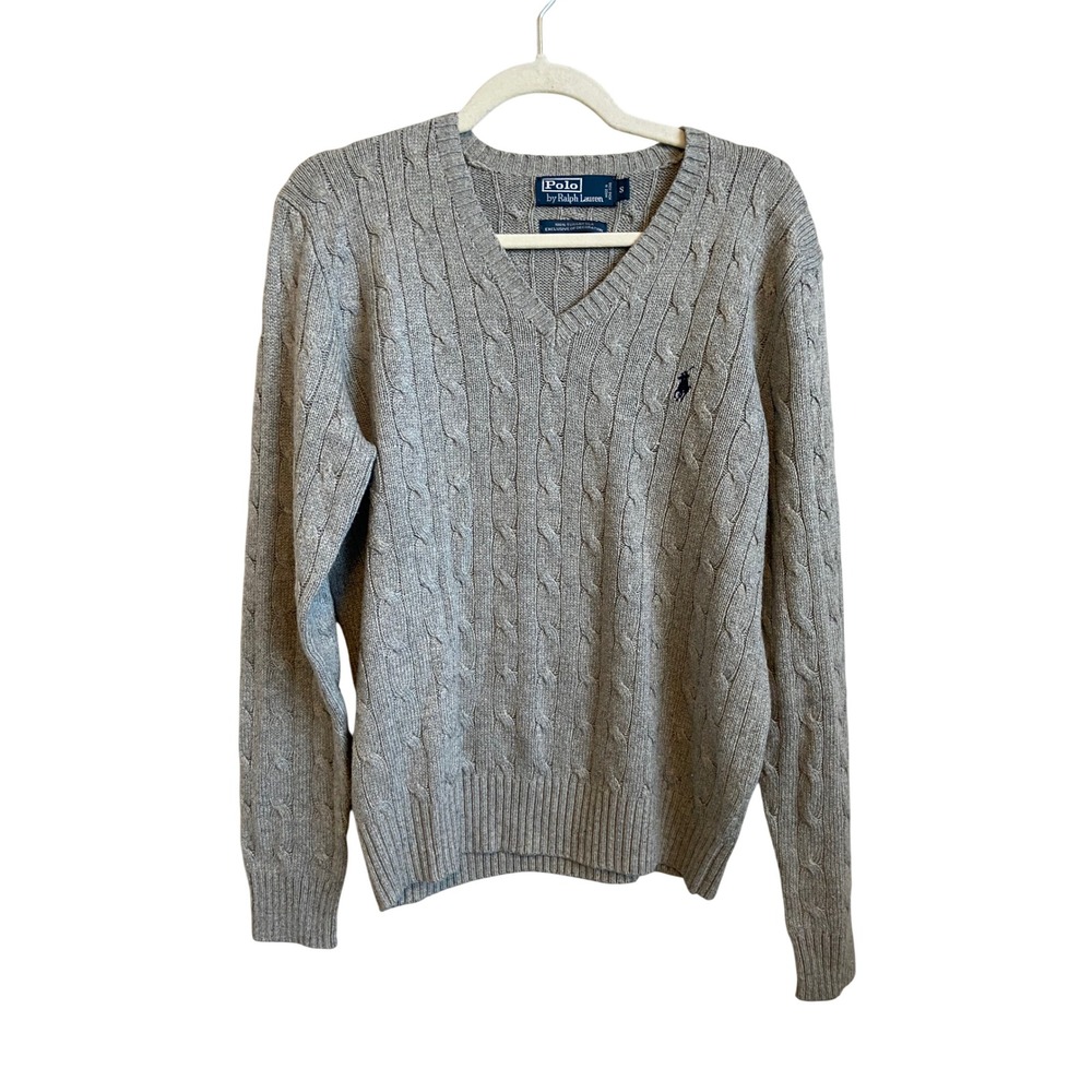 Polo Ralph Lauren Mens Small Grey 100% Tussah Silk Cable Knit V-Neck Sweater